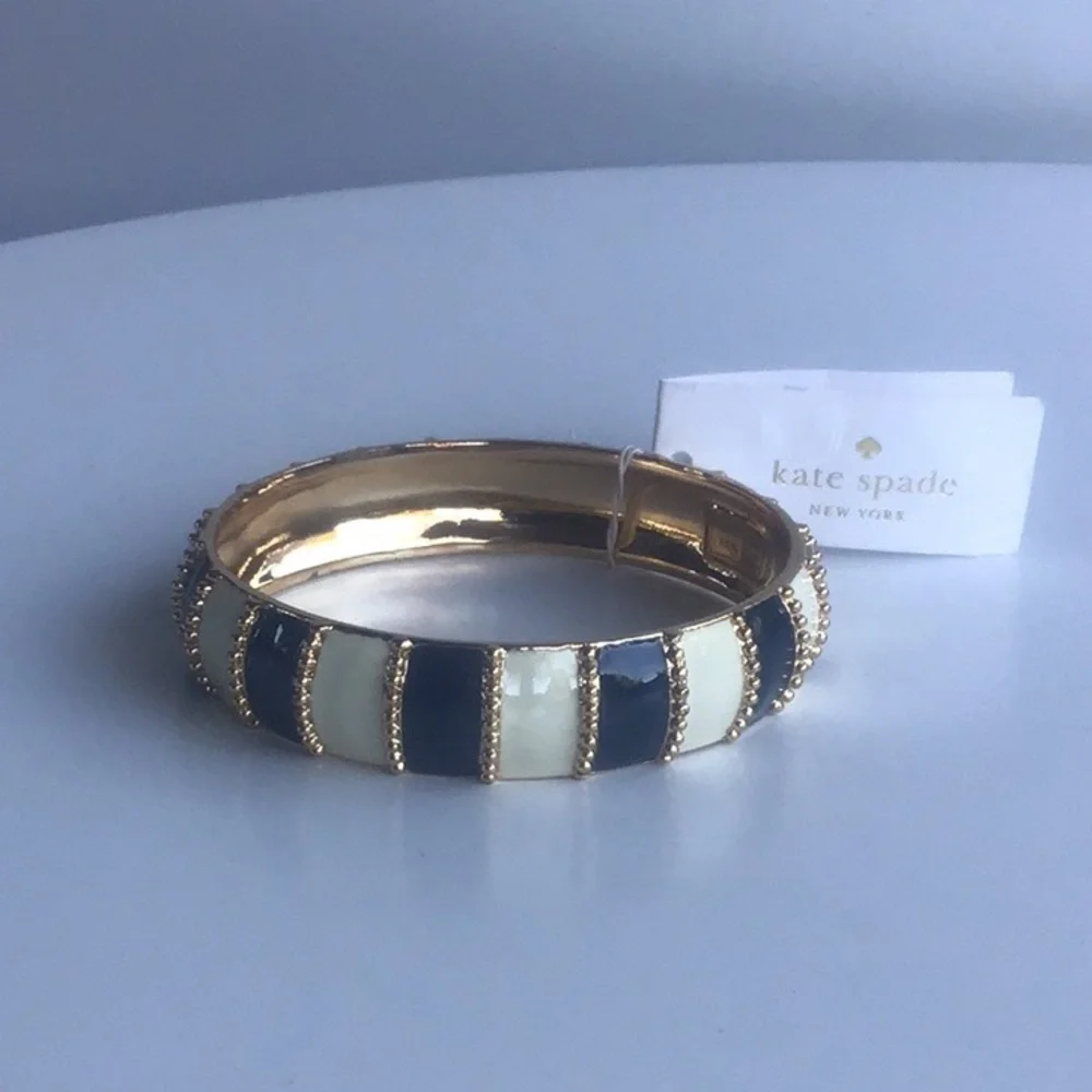 Kate Spade Gold, white ivory and Navy Striped beaded Bracelet chunky bangle - Picture 15 of 16